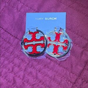 Tory Burch Red and Gold Logo Hoop Earrings